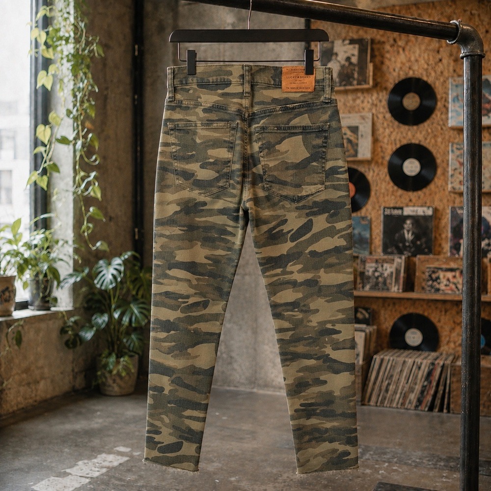 Lucky Brand Camo Jeans Green Brown Camouflage Raw Hem Mens 28